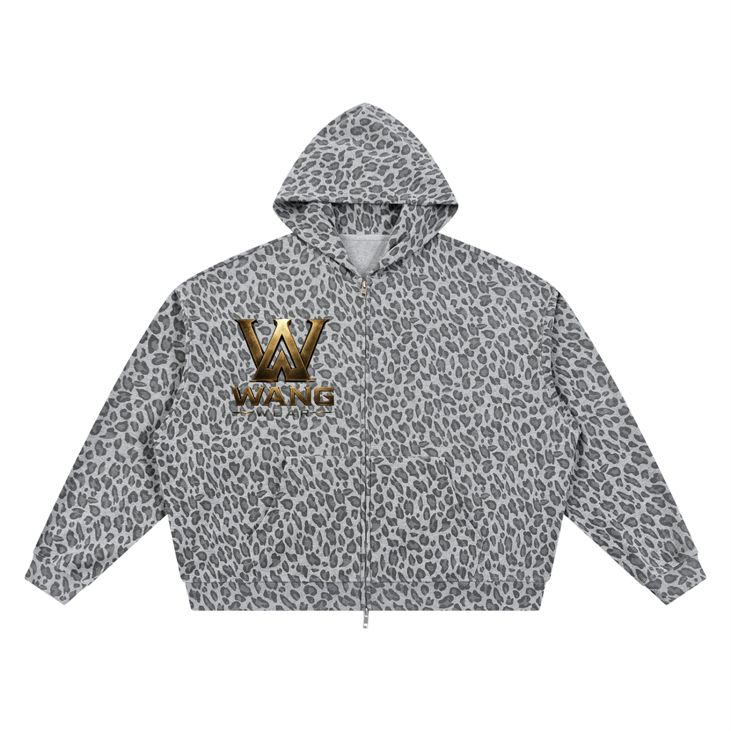 Unisex Leopard Print Waffle Full Zip Hoodie
